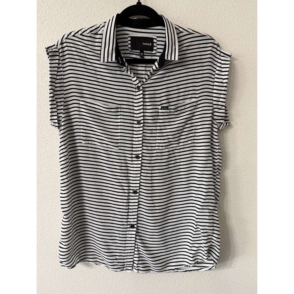 Hurley Womens Black White Striped Short Sleeve Lightweight Button Shirt Size Med